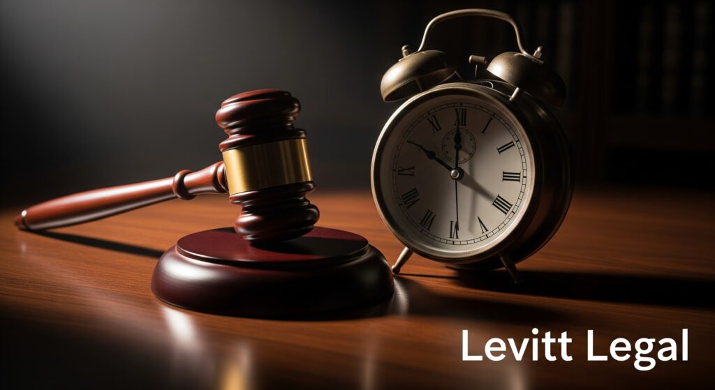 A wooden judge’s gavel rests on a polished desk beside a vintage brass alarm clock showing Roman numerals, with soft dramatic lighting. The words “Levitt Legal” appear in white text in the lower right corner.