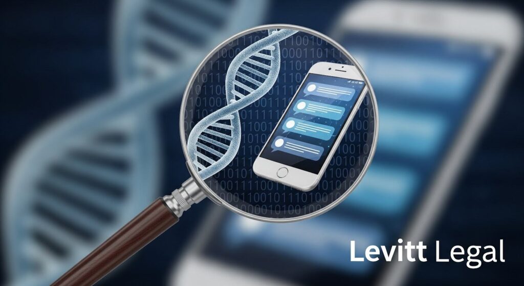 A magnifying glass hovers over a smartphone displaying messaging bubbles, with a digital DNA double-helix and binary code in the background. The imagery suggests digital forensics or data analysis. The words “Levitt Legal” appear in the lower-right corner.