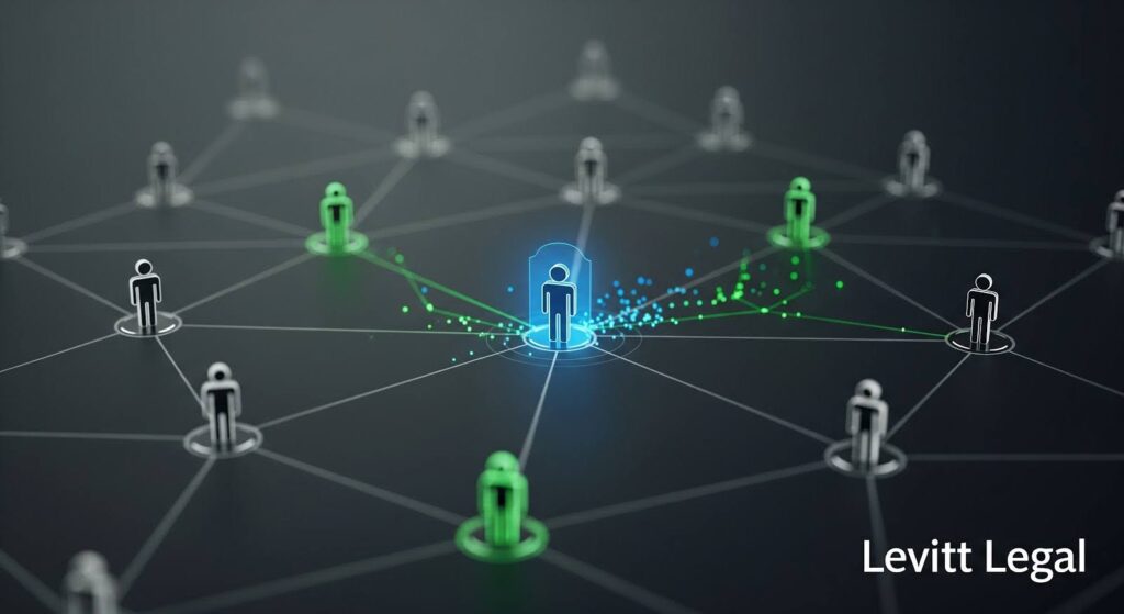 A dark, stylized network diagram featuring multiple simple human icons connected by thin lines. At the center, one figure is highlighted in blue with glowing lines extending outward, linking to several green-highlighted figures around the network. Other surrounding figures are gray. The bottom right corner displays the text “Levitt Legal.”