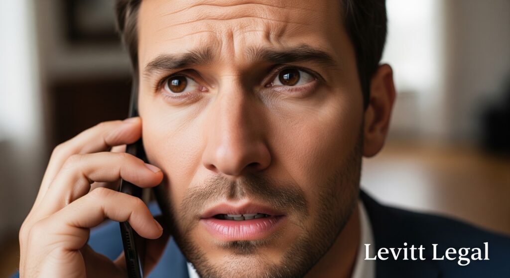 A close-up of a man holding a phone to his ear with a worried, anxious expression, furrowed brows, and slightly parted lips. The background is softly blurred, and the text “Levitt Legal” appears in the lower right corner.
