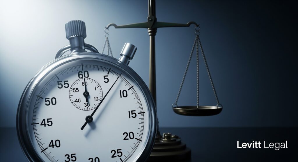 Close-up of a large silver stopwatch in the foreground, showing seconds and minutes clearly, with a set of brass balance scales blurred in the background against a dark blue gradient. “Levitt Legal” appears in the lower right corner.