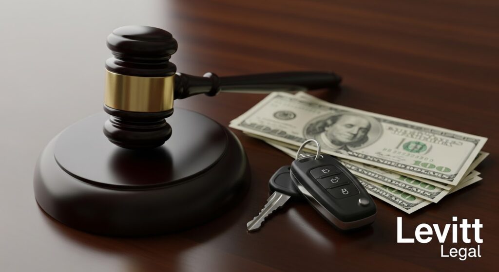 A judge’s gavel sits on a wooden desk beside a stack of hundred-dollar bills and a set of car keys, with the words “Levitt Legal” printed in the bottom right corner.