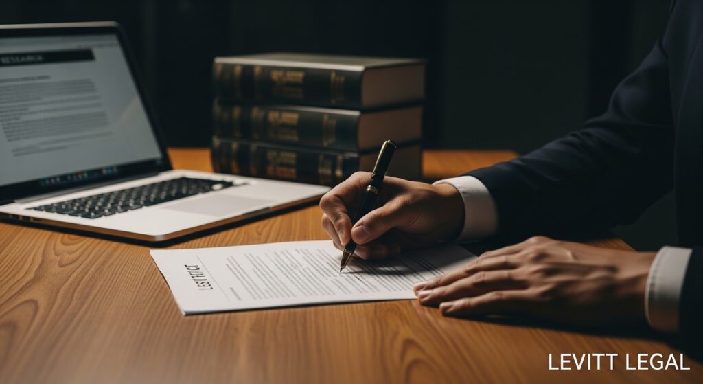 A person in a suit signs a legal document on a wooden desk, with a laptop open to a legal webpage and a stack of law books in the background; the words “LEVITT LEGAL” appear in the bottom right corner.