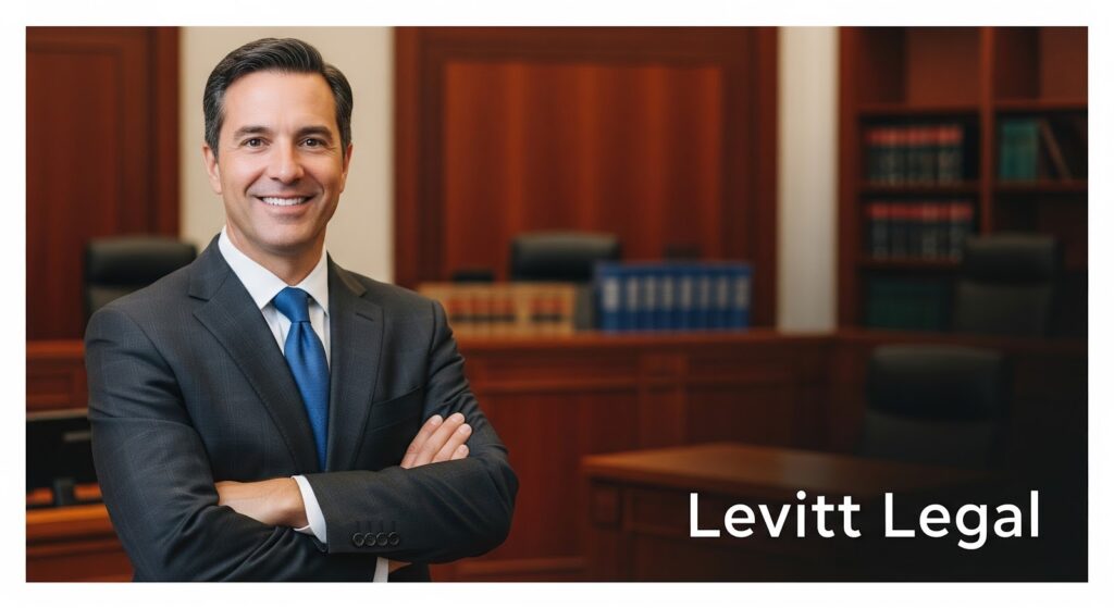 A professionally dressed man stands with arms crossed and smiles in a wood-paneled courtroom, with bookshelves and chairs in the background; the text “Levitt Legal” appears in the lower right corner.