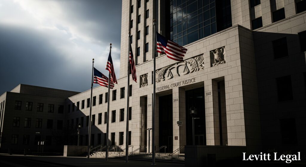 A large federal courthouse with tall columns and carved stone details is shown under dramatic lighting, with several American flags flying in front of the entrance; the words “Levitt Legal” appear in the bottom right corner.