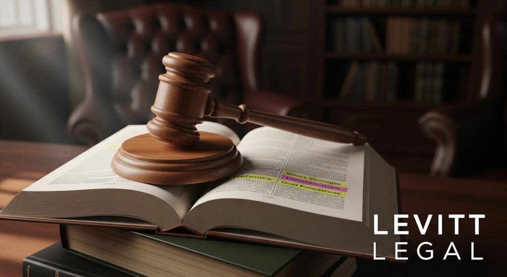 A judge’s wooden gavel rests on an open law book with highlighted text, set on top of a stack of books in a dimly lit library or office; the words “Levitt Legal” appear in the bottom right corner.