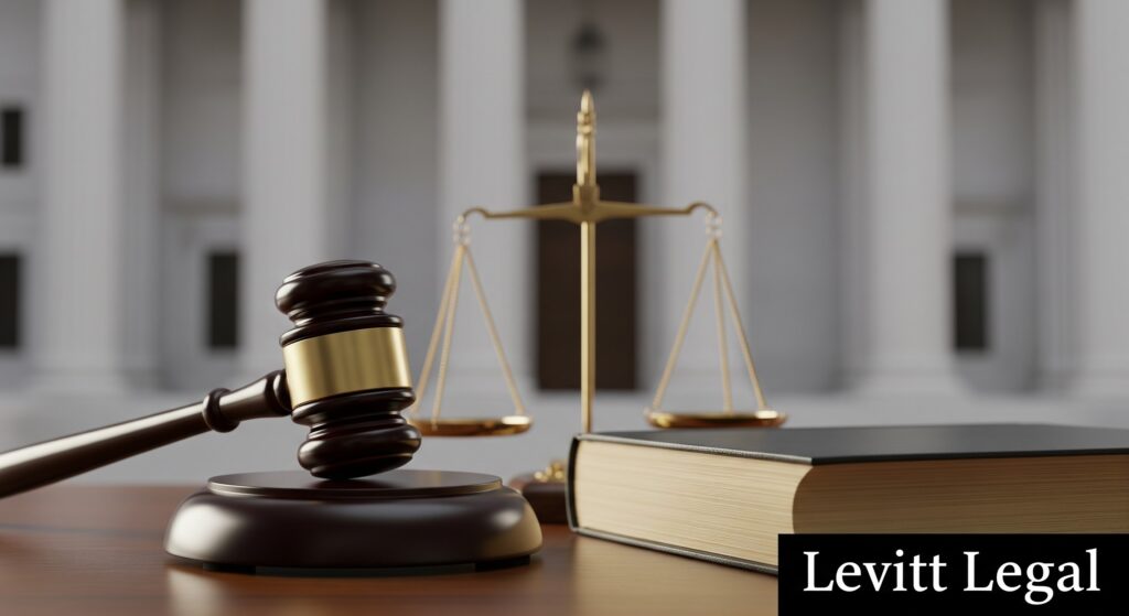 A wooden judge’s gavel rests on a sound block beside a large law book and a golden balance scale, all set on a polished desk with the blurred columns of a courthouse in the background; the bottom right corner displays the text “Levitt Legal.”