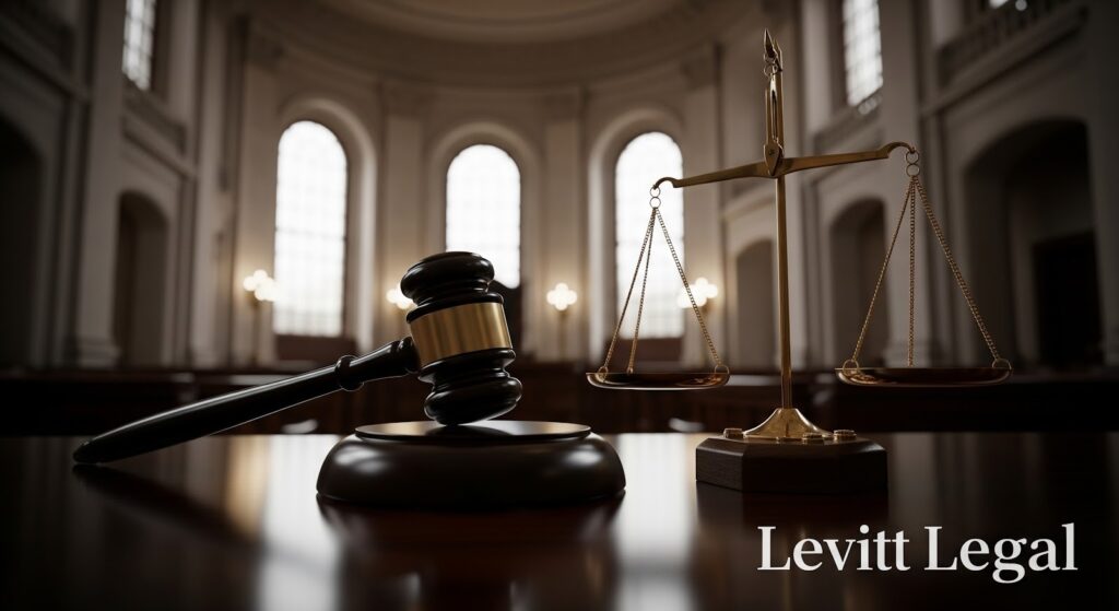 A wooden judge’s gavel and a brass balance scale rest on a polished courtroom table, with tall arched windows and soft light illuminating the formal, classical interior. The words “Levitt Legal” appear in the lower right corner.