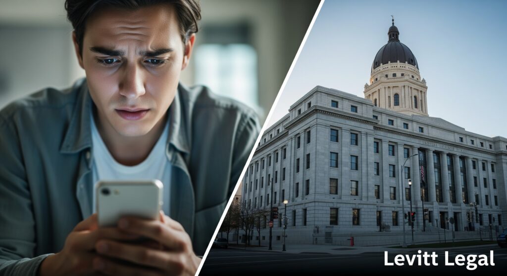 A split-image showing a worried young man looking at his smartphone on the left, contrasted with a large, domed courthouse building on the right; the bottom corner includes the text “Levitt Legal.”
