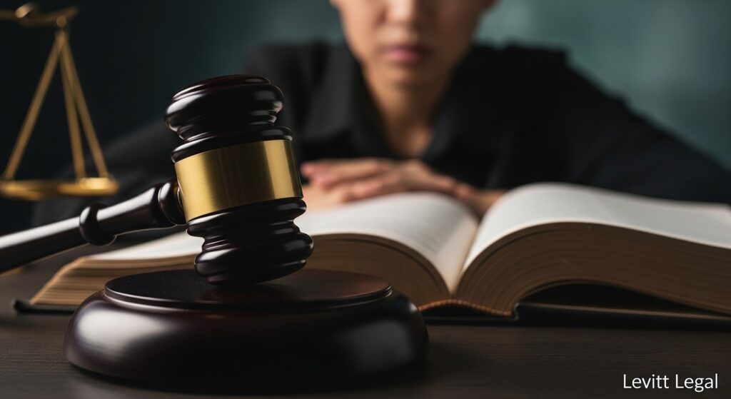 A judge’s gavel sits in the foreground beside an open law book, with a person blurred in the background leaning forward over the pages; a small scale of justice is visible to the left, and “Levitt Legal” appears in the bottom right corner.