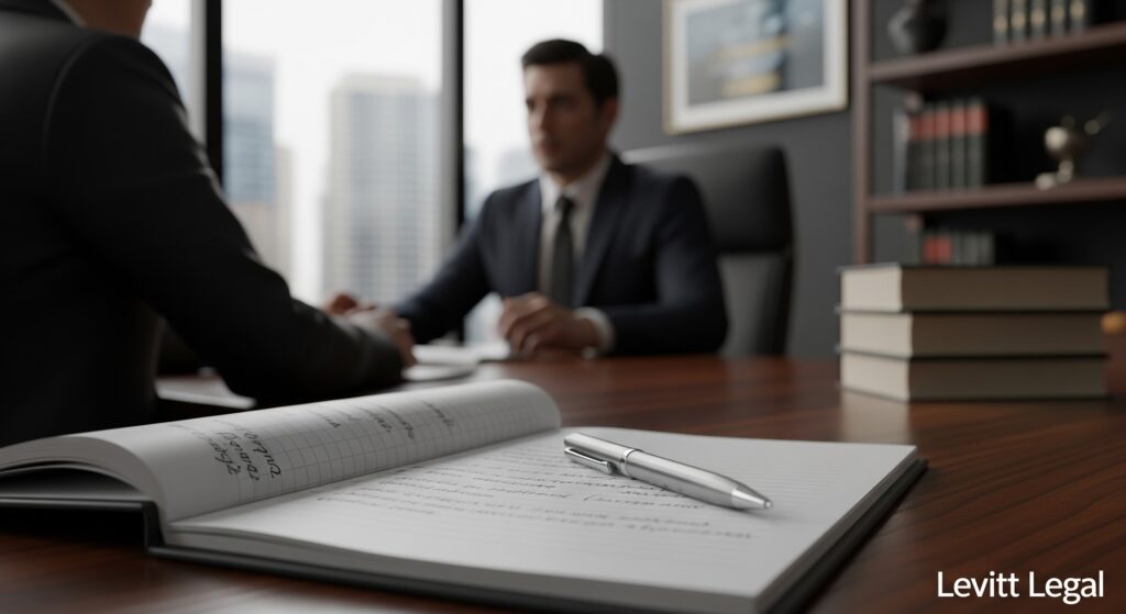 A notebook and pen sit on a wooden desk in the foreground, with two people in suits having a conversation across the table in a modern office; shelves of books and a city skyline through large windows are visible in the background, along with the text “Levitt Legal” in the bottom right corner.