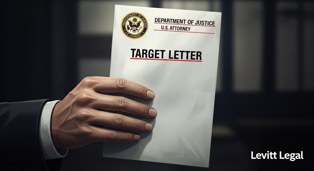 A close-up illustration of a hand holding an envelope labeled “TARGET LETTER” beneath the U.S. Department of Justice seal, with the words “U.S. Attorney” printed above. The background is dim and out of focus, and the bottom right corner features the text “Levitt Legal.”