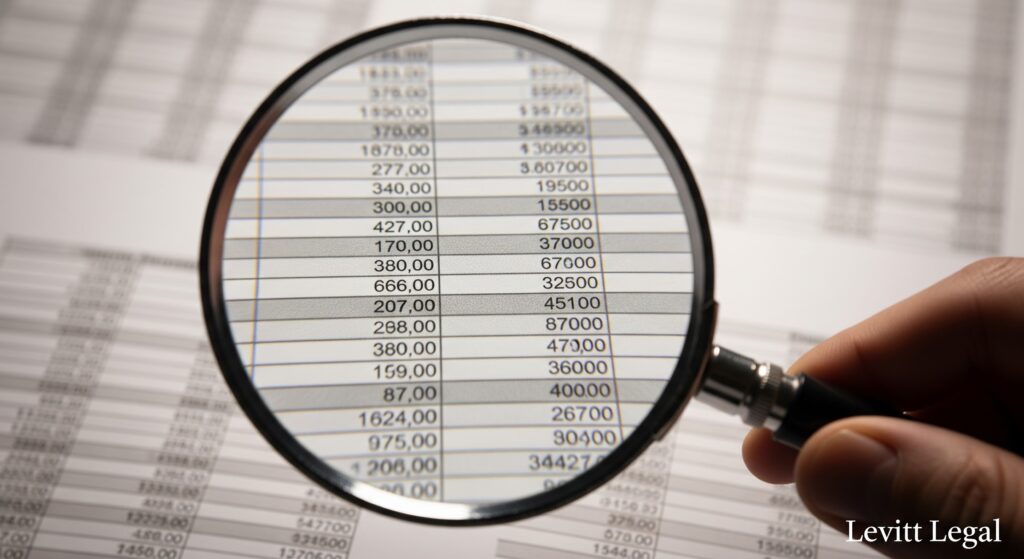 A close-up view of a hand holding a magnifying glass over a printed spreadsheet, enlarging a column of numerical data. The surrounding sheets show additional rows of figures, and the bottom right corner features the text “Levitt Legal.”