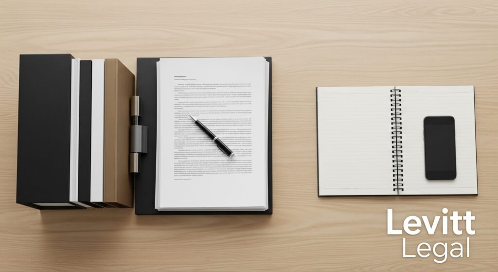 A neatly arranged wooden desk featuring a stack of black, white, and tan binders on the left, a clipboard with a document and pen in the center, and an open spiral notebook with a smartphone resting on the right page. The bottom-right corner displays the logo “Levitt Legal.”