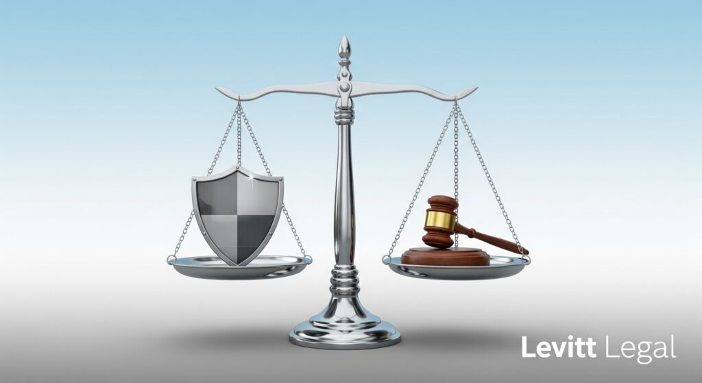 A silver balance scale stands against a light blue gradient background, with a metallic shield resting on the left pan and a wooden judge’s gavel and sound block on the right pan. The logo “Levitt Legal” appears in white text in the bottom-right corner.