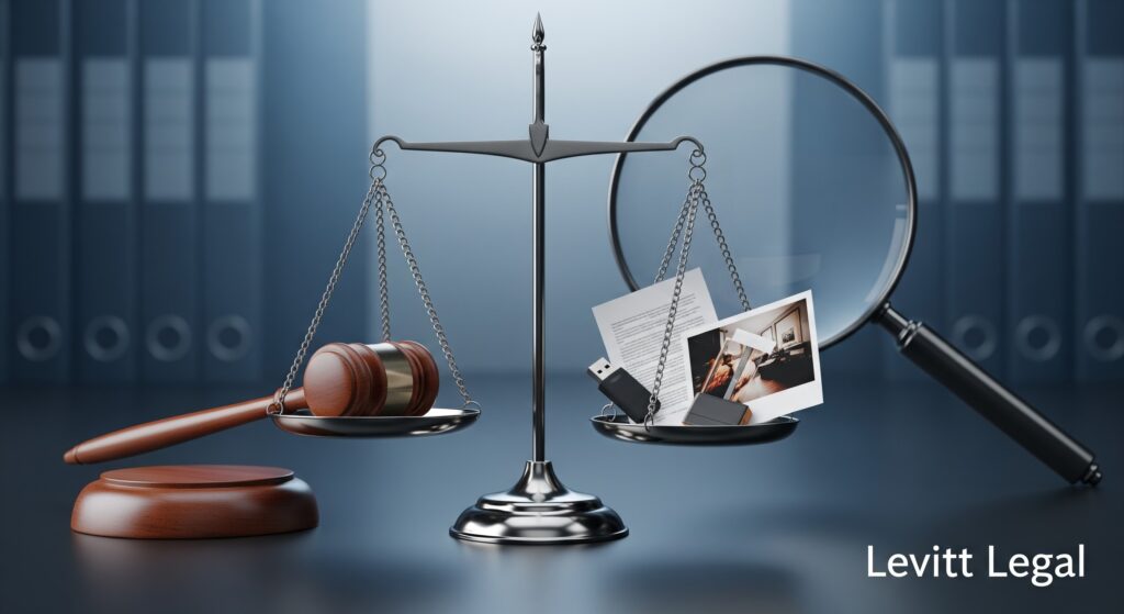A balanced scale stands at the center of a legal-themed scene, with a judge’s gavel resting on one side and evidence items—documents, photos, and a USB drive—on the other. A large magnifying glass is positioned behind the scale, and rows of blurred file binders form the background. The words “Levitt Legal” appear in the lower right corner.