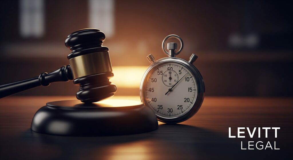 A judge’s wooden gavel rests beside a silver stopwatch on a dimly lit courtroom desk, symbolizing urgency in legal matters. In the lower right corner, the text “Levitt Legal” appears in clean white lettering.