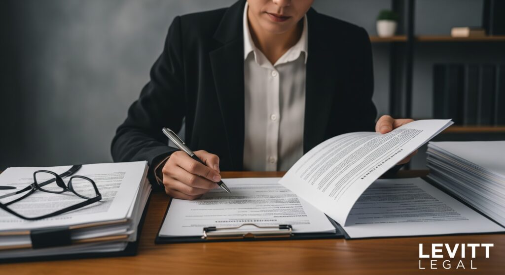 A person in professional attire sits at a desk reviewing and signing legal documents. Several stacks of paperwork and a pair of eyeglasses rest on the desk, and the individual holds a pen while flipping through a document. The scene suggests detailed legal or administrative work, with the “Levitt Legal” logo visible in the bottom right corner.