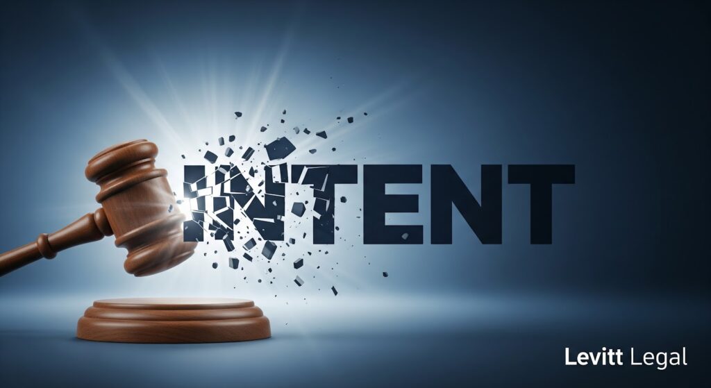 A wooden judge’s gavel strikes a surface, causing the word “INTENT” to shatter into pieces against a dark blue background; “Levitt Legal” appears in the lower right corner.