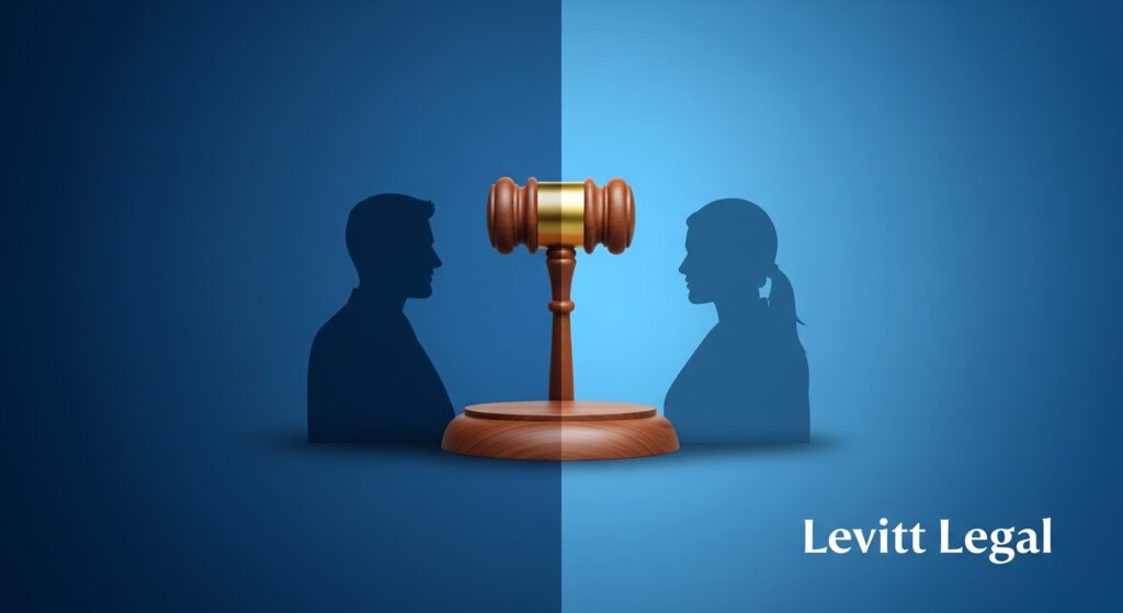 Illustration of a wooden judge’s gavel centered between the silhouettes of a man on the left and a woman on the right, set against a split dark-to-light blue background, with the text “Levitt Legal” in the lower right corner.