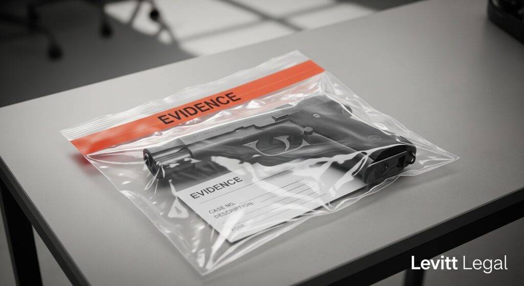A black handgun sealed inside a transparent evidence bag labeled “EVIDENCE” with an orange stripe, resting on a gray tabletop. A paper evidence form is visible inside the bag, and the corner of a “Levitt Legal” watermark appears in the bottom right.
