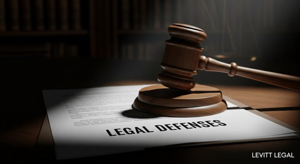 A wooden judge’s gavel rests on top of a document labeled “LEGAL DEFENSES” on a dimly lit desk, with blurred law books in the background and the text “LEVITT LEGAL” in the lower right corner.