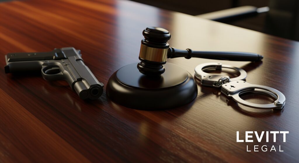 A judge’s gavel sits on a polished wooden table beside a handgun and a pair of metal handcuffs, with the “Levitt Legal” logo in the lower right corner.