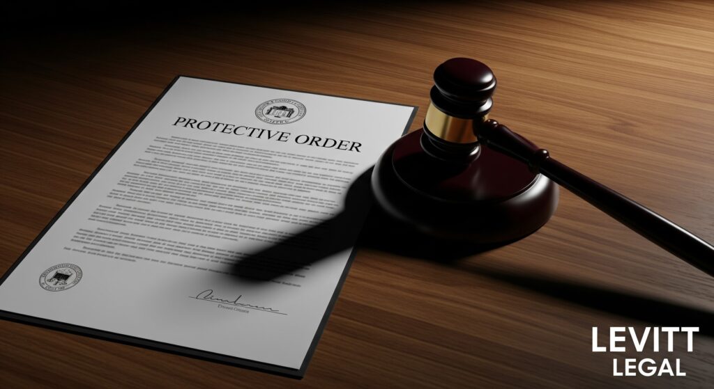 A printed legal document titled “Protective Order” lies on a wooden desk beside a judge’s gavel. The page features official seals and a signature at the bottom. In the lower right corner, the white text “LEVITT LEGAL” appears.