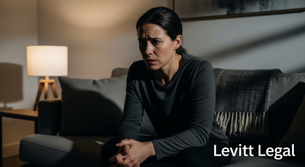 A worried-looking woman sits on a couch in a dimly lit living room, leaning forward with her hands clasped and a tense expression on her face. A lamp glows softly beside her, and the words “Levitt Legal” appear in the bottom right corner.