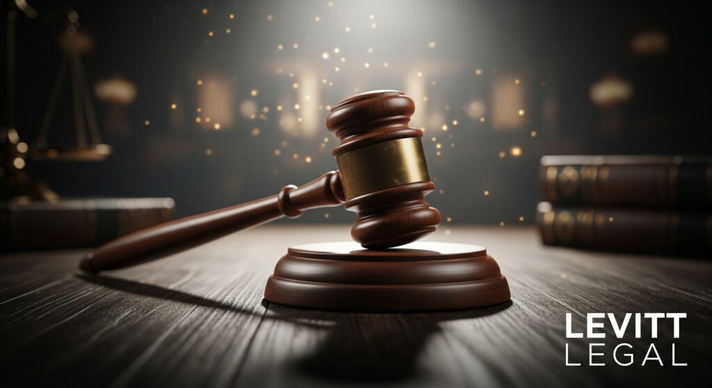 A wooden judge’s gavel rests on its sound block in a dimly lit courtroom setting, with legal books and soft golden light in the background. Small glowing particles float in the air, and the words “Levitt Legal” appear in the bottom right corner.