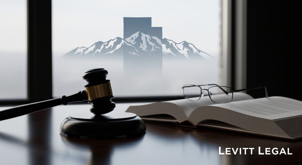 A judge’s gavel and block sit on a polished desk beside an open law book with reading glasses resting on its pages. Through the window behind them, a stylized illustration of mountains and tall buildings is visible. The words “Levitt Legal” appear in the bottom right corner.