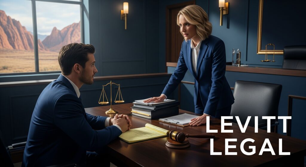 A professional law office scene showing two attorneys in conversation. A woman in a blue suit stands confidently at a desk covered with legal documents, a stack of files, and a brass scale of justice, while a seated man in a matching suit listens attentively. A judge’s gavel rests in the foreground, and large windows behind them reveal a dramatic desert mountain landscape. The words “LEVITT LEGAL” appear in bold white text in the lower right corner.