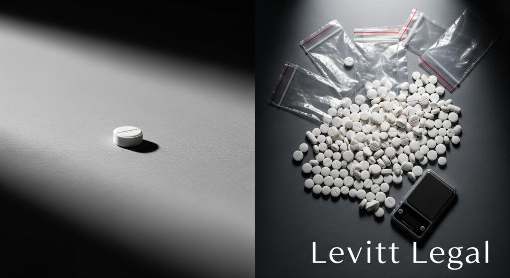 A split image shows a single white pill on a dark surface under a narrow beam of light on the left, and on the right, a large pile of similar white pills scattered beside small empty plastic bags and a digital scale. The words “Levitt Legal” appear in the bottom right corner.