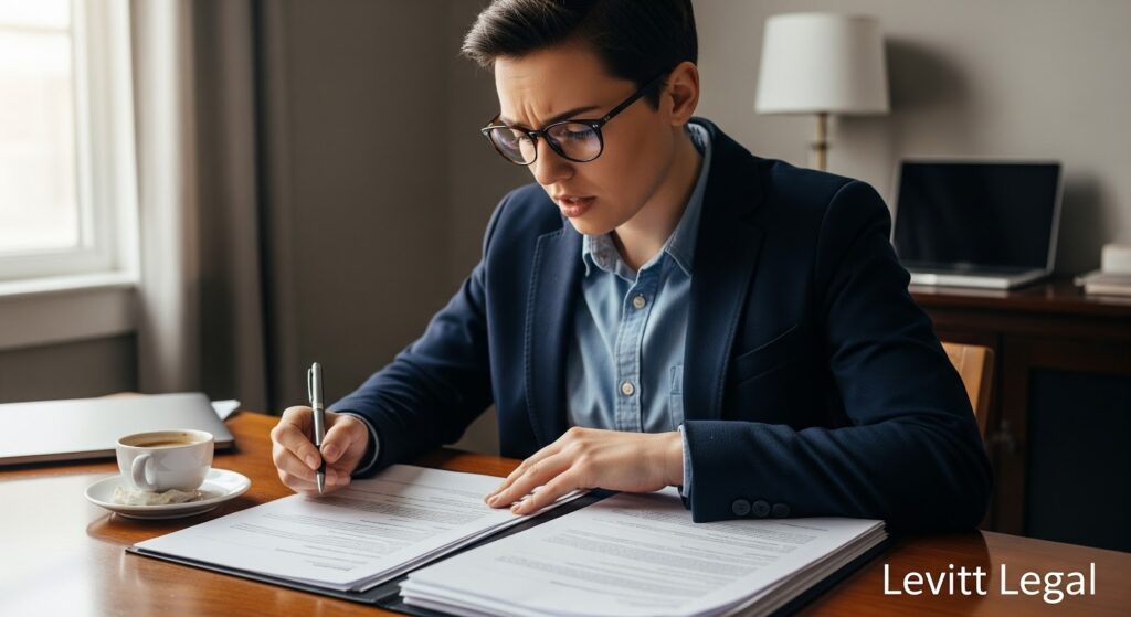 Person in business attire sits at a desk reviewing and signing documents, with a cup of coffee, open folders, and a laptop in the background. The setting appears to be a bright, professional office. “Levitt Legal” is written in the lower right corner.