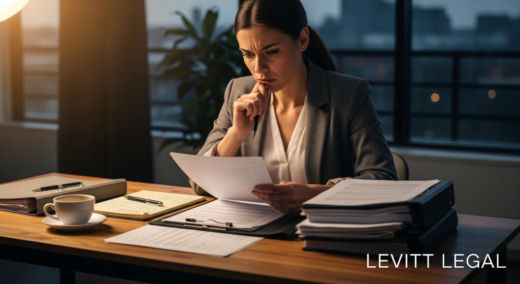 A woman in professional attire sits at a desk in a dimly lit office, studying a document with a thoughtful expression. Papers, binders, a clipboard, and a cup of coffee are spread across the desk, with large windows and a cityscape blurred in the background. The text “Levitt Legal” appears in the lower right corner.