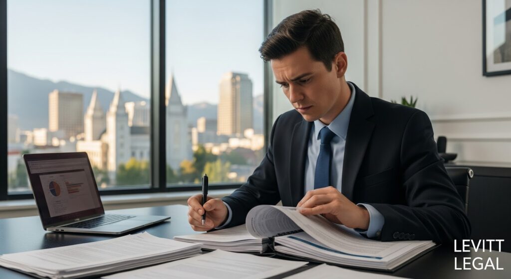 Man in a suit sits at a desk in a bright office with large windows overlooking a city skyline, reviewing a thick stack of documents while holding a pen. A laptop displaying charts is open beside him, and “Levitt Legal” appears in the lower right corner.