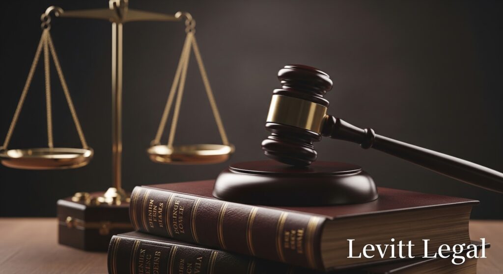 Close-up of a judge’s gavel resting on a sound block atop a stack of law books, with brass scales of justice blurred in the background. The scene is warmly lit against a dark backdrop, and “Levitt Legal” appears in the lower right corner.