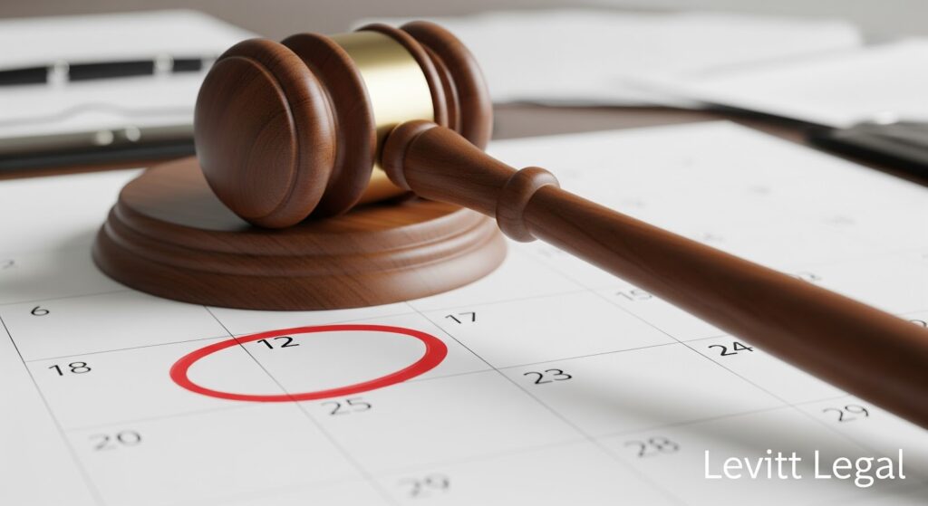 Wooden judge’s gavel resting on a desk calendar, with the date “12” circled in red. Legal documents and office items are blurred in the background, and “Levitt Legal” appears in the lower right corner.