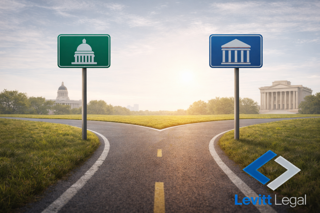 A forked roadway stretches forward at sunrise, splitting into two paths across a grassy landscape. On the left, a green road sign displays a domed capitol building icon, with a government building visible in the distance. On the right, a blue road sign shows a courthouse icon, with a classical columned courthouse in the background. The image symbolizes a choice between legislative and judicial paths. The “Levitt Legal” logo appears in the lower right corner.