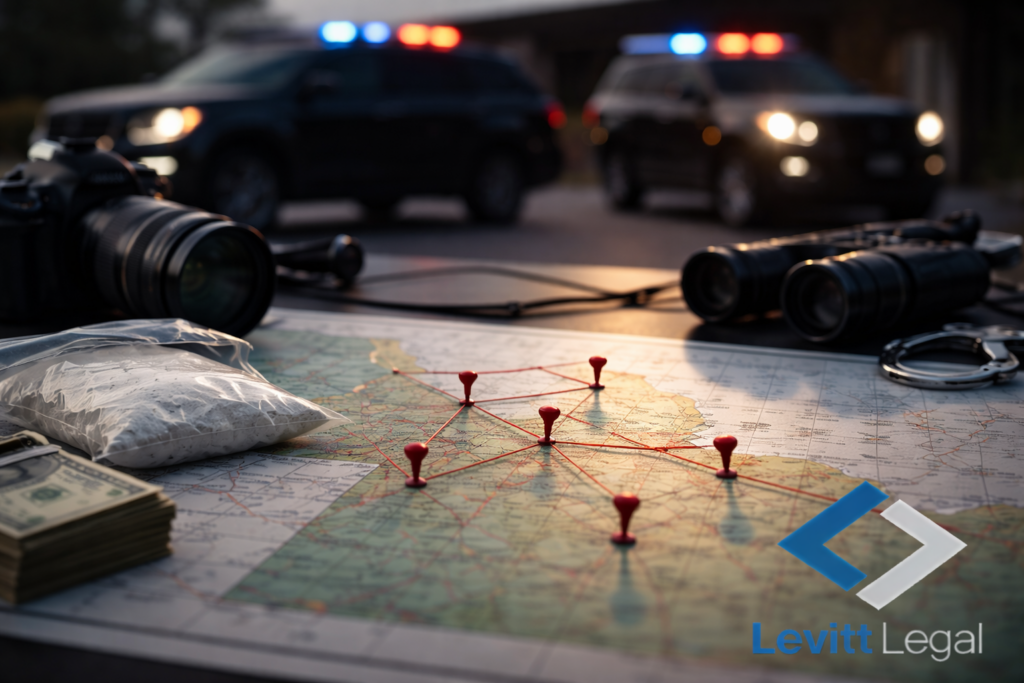 A tabletop scene shows a map marked with red pushpins connected by string, suggesting an investigation network. Nearby are a camera, binoculars, handcuffs, a stack of cash, and a bag of white powder. In the blurred background, police vehicles with flashing red and blue lights are parked. The image conveys a criminal investigation involving law enforcement and alleged drug activity. The “Levitt Legal” logo appears in the lower right corner.