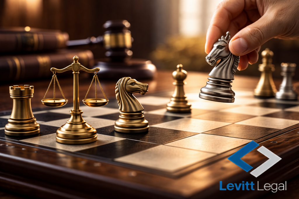 A chessboard sits on a wooden desk with gold and silver chess pieces arranged mid-game. A hand is shown moving a silver knight piece. Beside the board stands a small gold balance scale, and in the softly blurred background are law books and a judge’s gavel. The image symbolizes legal strategy and thoughtful decision-making. The “Levitt Legal” logo appears in the lower right corner.