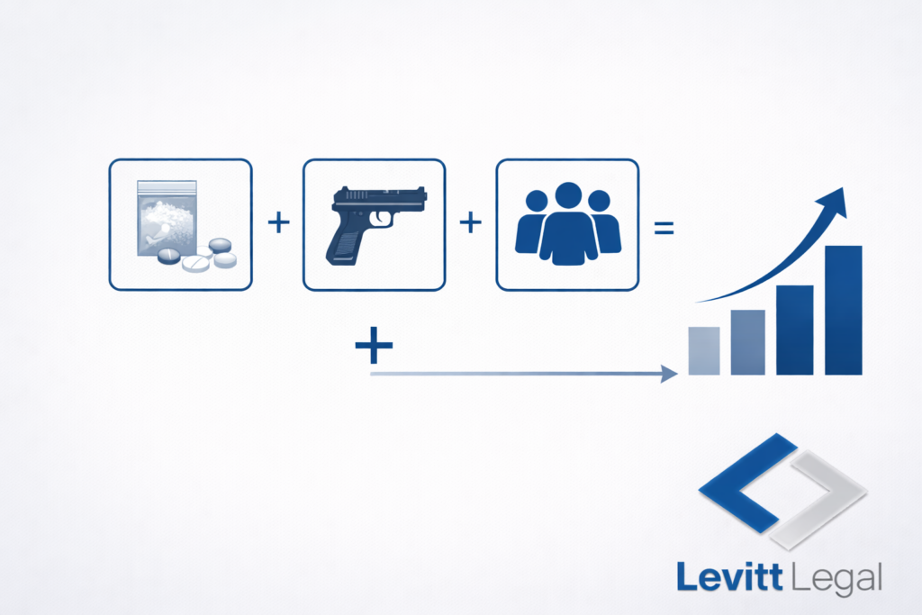 A simple graphic shows icons of a bag of drugs and pills plus a handgun plus a group of people, equaling an upward-trending bar chart, suggesting rising crime or increased penalties related to drugs, firearms, and conspiracy charges. The design is in blue tones on a light background. The “Levitt Legal” logo appears in the lower right corner.