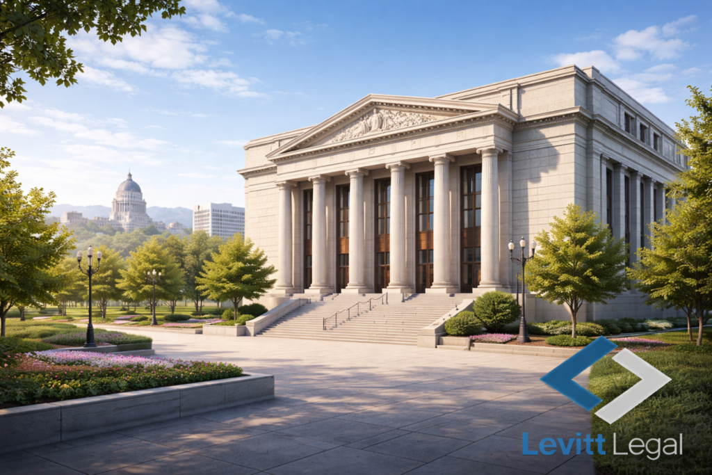 A large neoclassical courthouse with tall columns and wide steps stands in a landscaped plaza with trees and flower beds. A domed government building is visible in the distance under a clear blue sky. The “Levitt Legal” logo appears in the lower right corner.