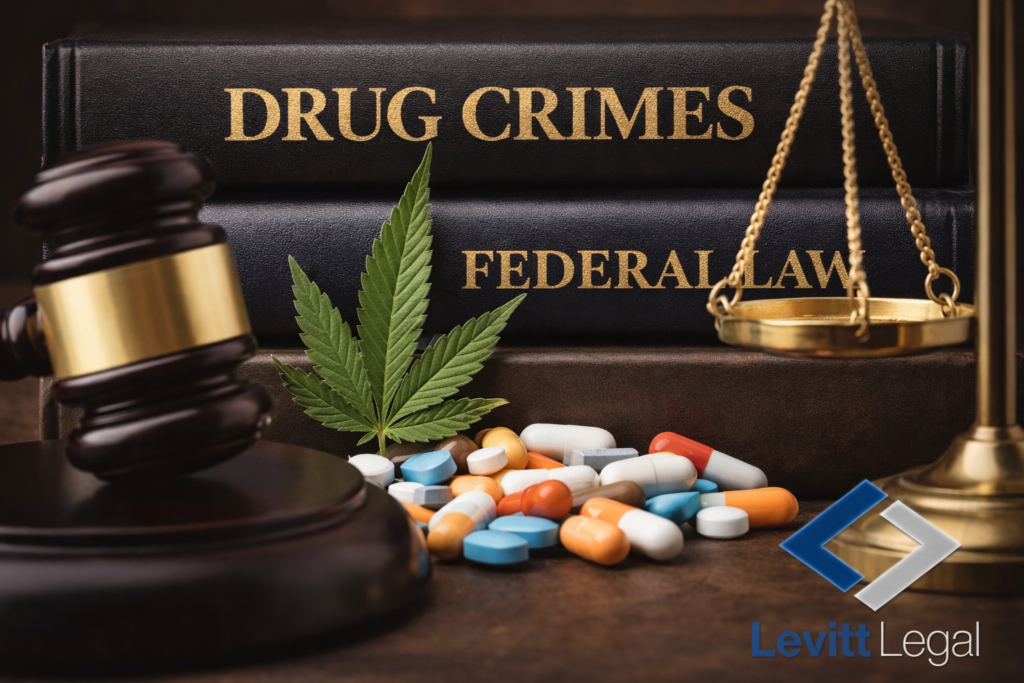 A close-up legal-themed scene featuring a wooden judge’s gavel in the foreground and a set of gold scales of justice to the right. In the background, two large law books are stacked with the titles “DRUG CRIMES” and “FEDERAL LAW” printed in gold lettering on their spines. In front of the books are a cannabis leaf and an assortment of colorful pills and capsules spread across a wooden surface. The “Levitt Legal” logo appears in the lower right corner.