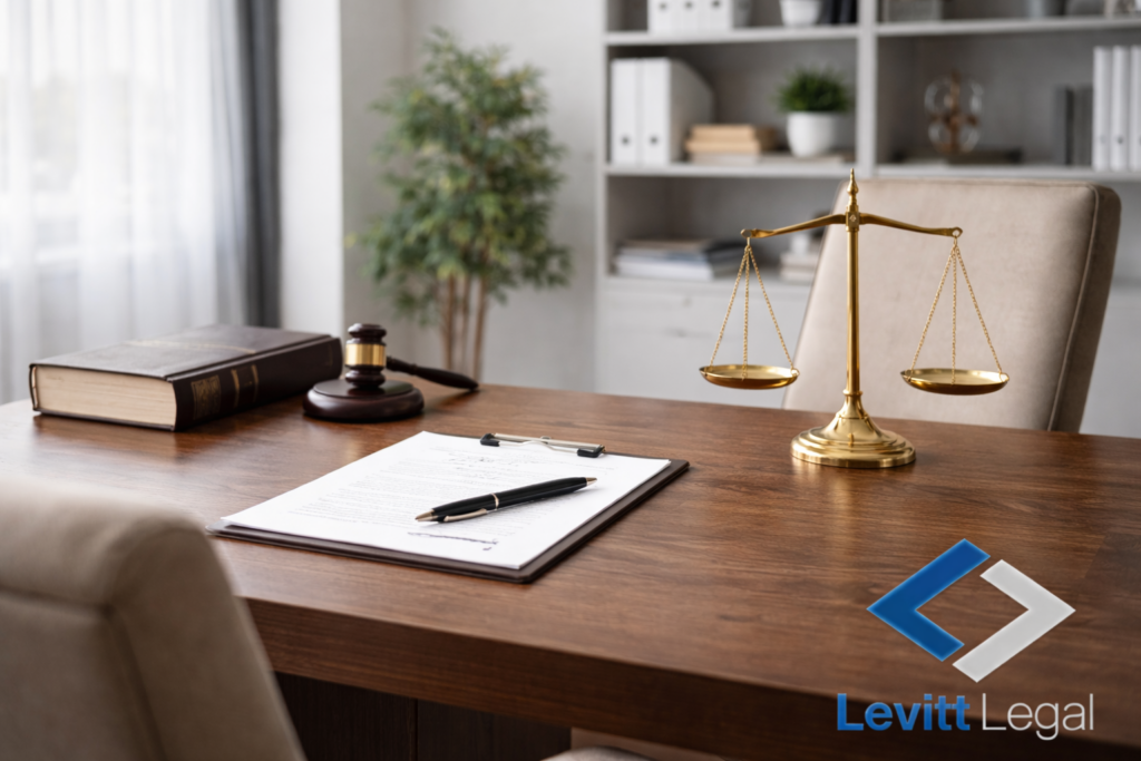 A professional legal office desk with a gold balance scale prominently displayed on the right side. On the wooden desk surface are a clipboard with a signed document and pen, a wooden gavel, and a thick law book. In the background, shelves with binders and decorative items, along with a potted plant, create a clean and organized setting. The “Levitt Legal” logo appears in the lower right corner.