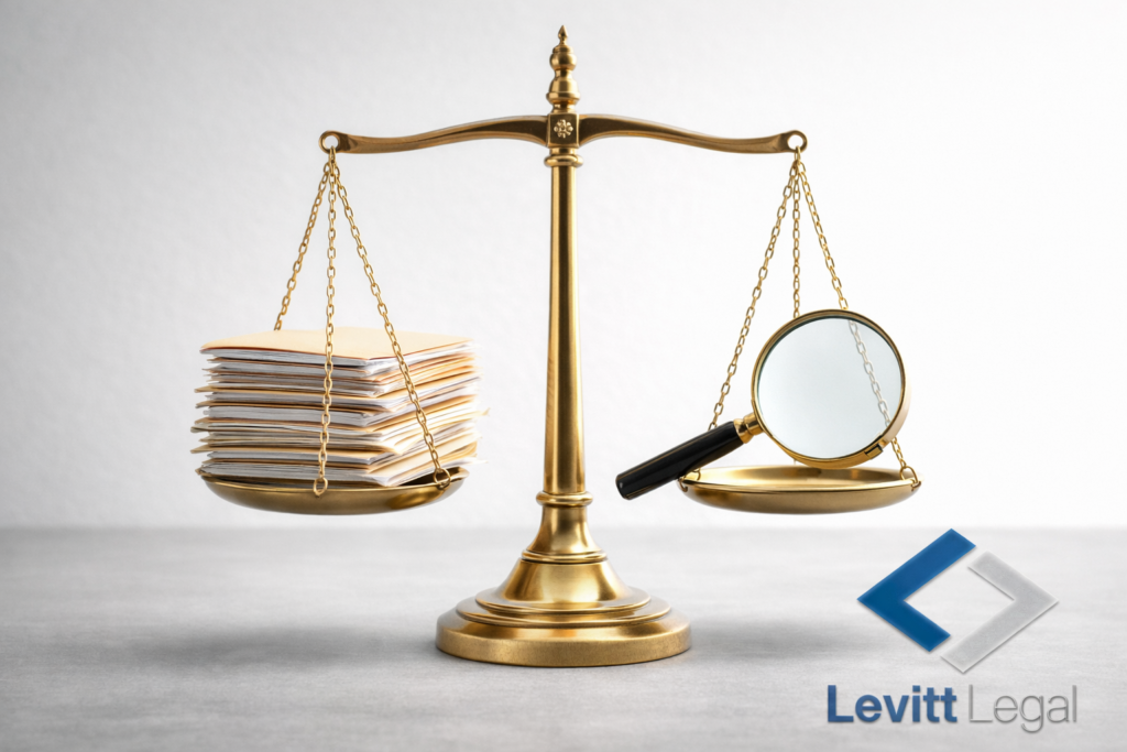 A gold balance scale stands centered against a neutral background. On the left pan is a tall stack of paper files, while on the right pan rests a magnifying glass. The image symbolizes weighing documentation and investigation or evidence. The “Levitt Legal” logo appears in the lower right corner.