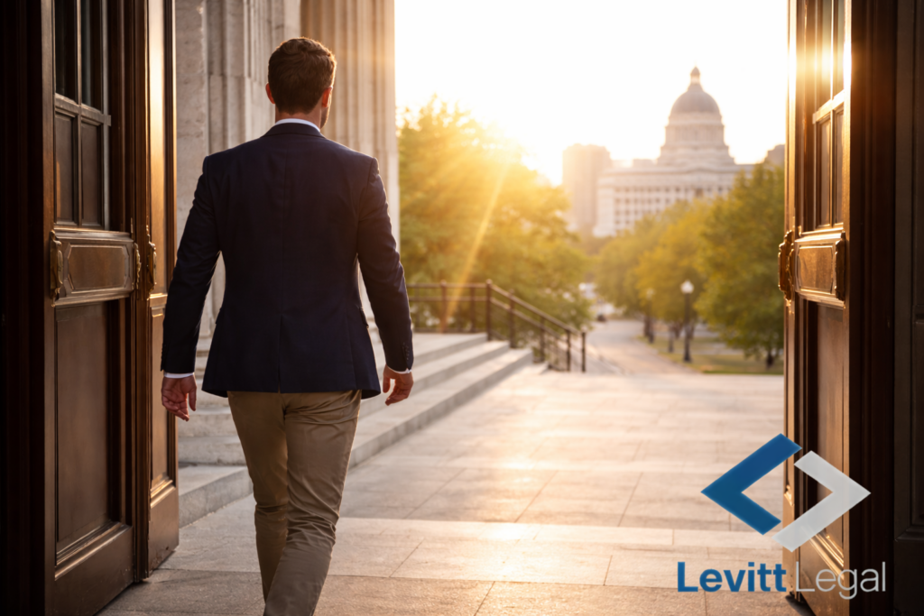 A man in a navy blazer and tan pants walks through large open wooden doors toward a sunlit cityscape. In the distance, a domed government building rises above trees and surrounding buildings, with warm sunlight casting long rays across the steps and walkway. The scene conveys purpose and forward movement. The “Levitt Legal” logo appears in the lower right corner.