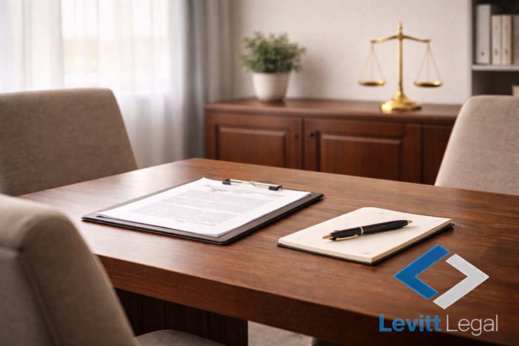A professional office meeting table with a clipboard holding a document and a separate notepad with a pen placed neatly on top. Upholstered chairs surround the wooden desk. In the background, a wooden cabinet holds a gold balance scale and a potted plant, with shelves and binders visible along the wall. The setting conveys a calm, organized legal consultation environment. The “Levitt Legal” logo appears in the lower right corner.