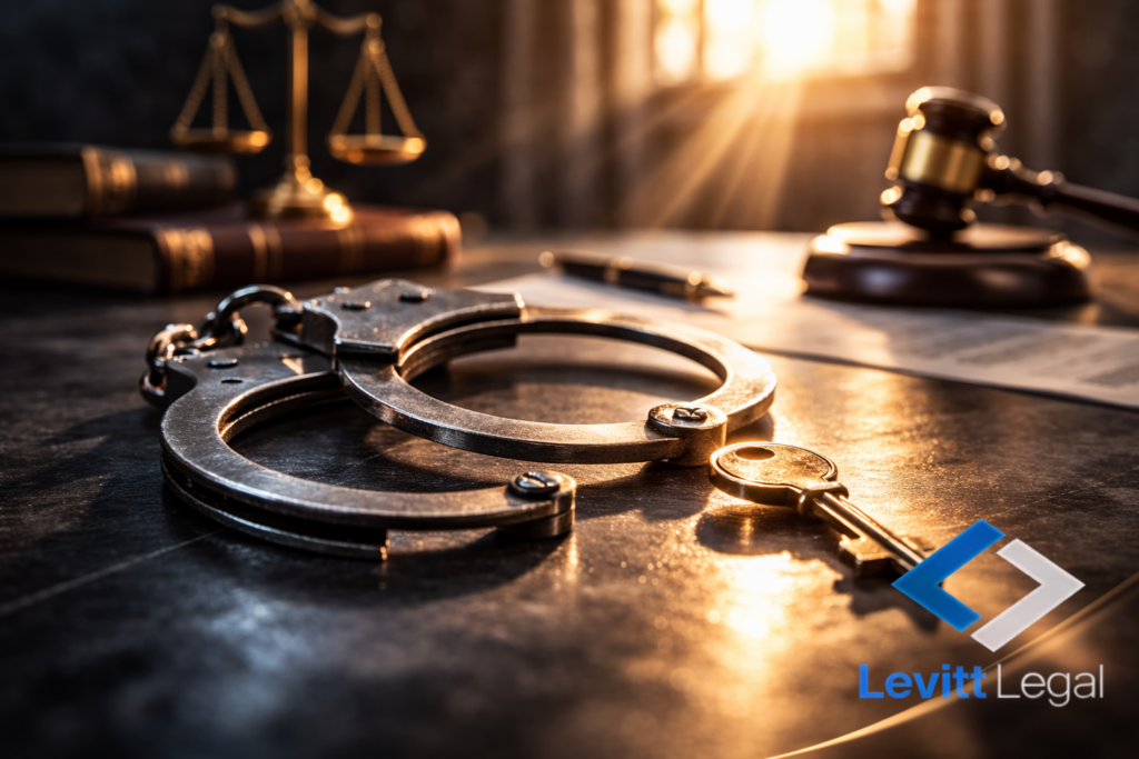 A pair of metal handcuffs and a small key rest on a dark desk, illuminated by warm sunlight streaming through a window. In the background, a judge’s gavel, law books, a pen, and a set of gold balance scales are softly out of focus, suggesting a courtroom or legal office setting. The image conveys themes of arrest, justice, and legal defense. The “Levitt Legal” logo appears in the lower right corner.