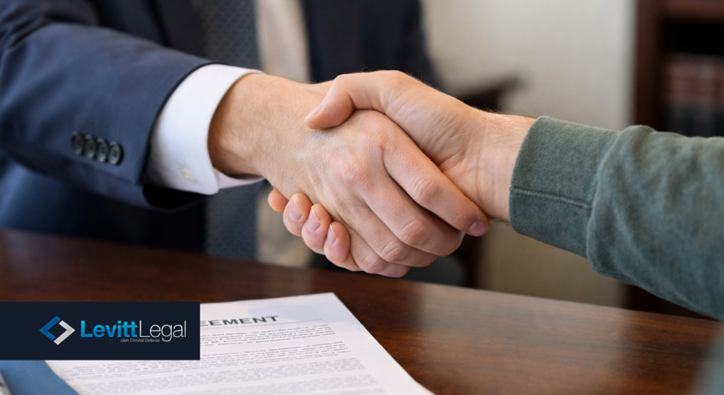 Close-up of attorney and client shaking hands above signed plea agreement on desk